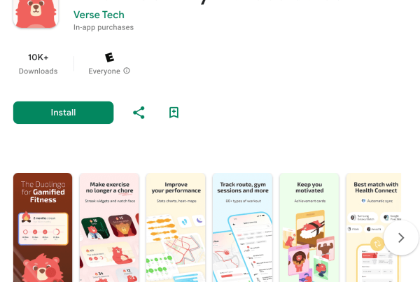 Verse Tech'in android için en iyi fitness takipçisi "Fito - Gamify fitness streak" için Google Play listesi. Sol üstte uygulama simgesi görülüyor - yumuşak pembe arka plana sahip yuvarlak bir kare üzerinde sevimli kırmızı bir ayı yüzü.