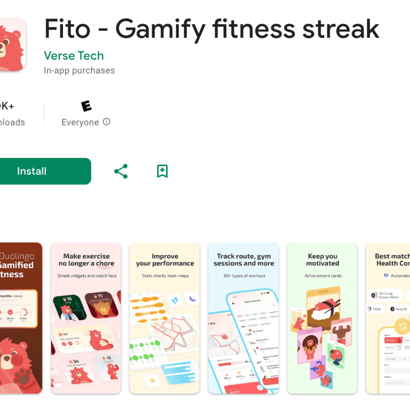 Verse Tech'in android için en iyi fitness takipçisi "Fito - Gamify fitness streak" için Google Play listesi. Sol üstte uygulama simgesi görülüyor - yumuşak pembe arka plana sahip yuvarlak bir kare üzerinde sevimli kırmızı bir ayı yüzü.