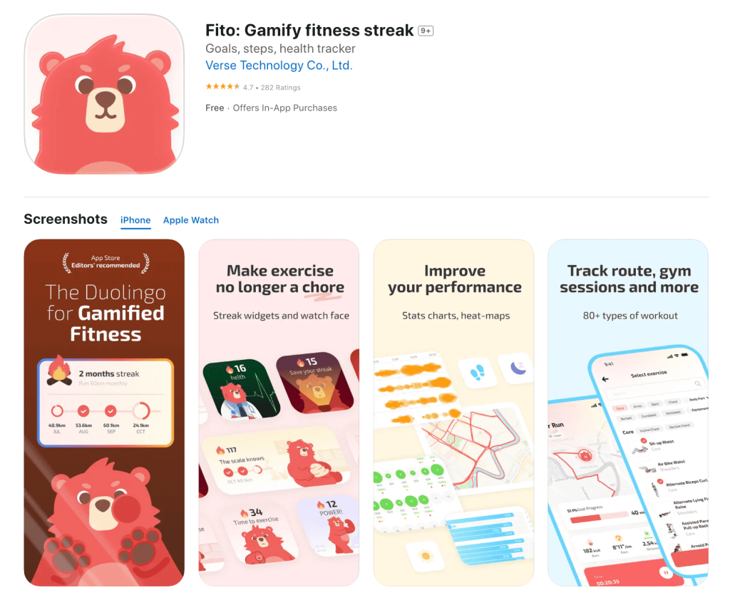 App Store, iOS için en iyi fitness takip uygulamasını listeliyor "Fito: Gamify fitness streak" uygulama simgesini (kırmızı/turuncu bir karikatür ayı) gösteriyor