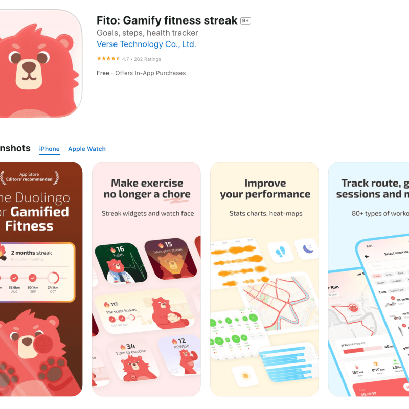 App Store, iOS için en iyi fitness takip uygulamasını listeliyor "Fito: Gamify fitness streak" uygulama simgesini (kırmızı/turuncu bir karikatür ayı) gösteriyor