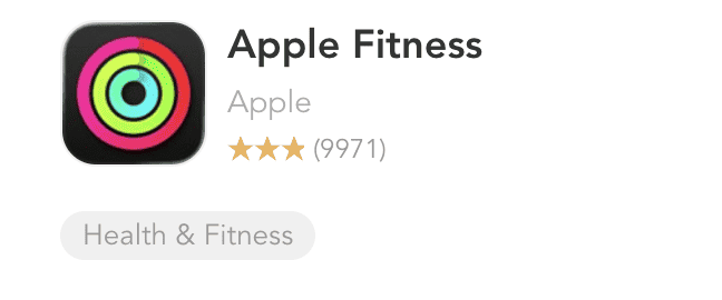 Apple tarafından "Apple Fitness" için App Store listeleme başlığı. Solda, yeşil, kırmızı ve mavi renklerde tanıdık eşmerkezli aktivite halkalarına sahip siyah yuvarlak bir kare olan uygulama simgesi yer alıyor.