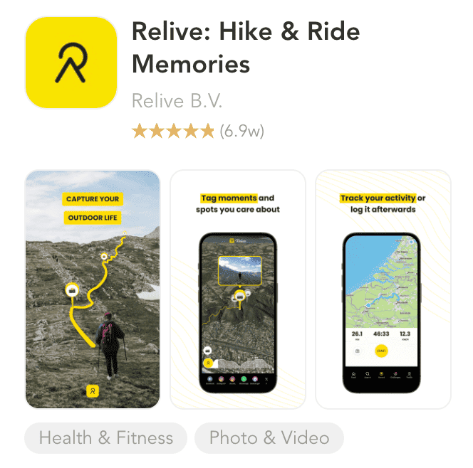 Relive B.V. tarafından hazırlanan "Relive: Hike & Ride Memories" için App Store listesi Sol üstte, parlak sarı bir kare üzerinde rota işaretçisi şeklinde stilize edilmiş siyah bir "R" olan uygulama simgesi görülüyor.