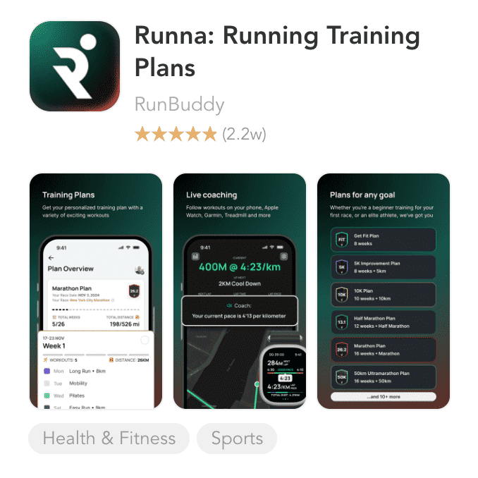 RunBuddy tarafından sunulan "Runna: Running Training Plans" için App Store listesi