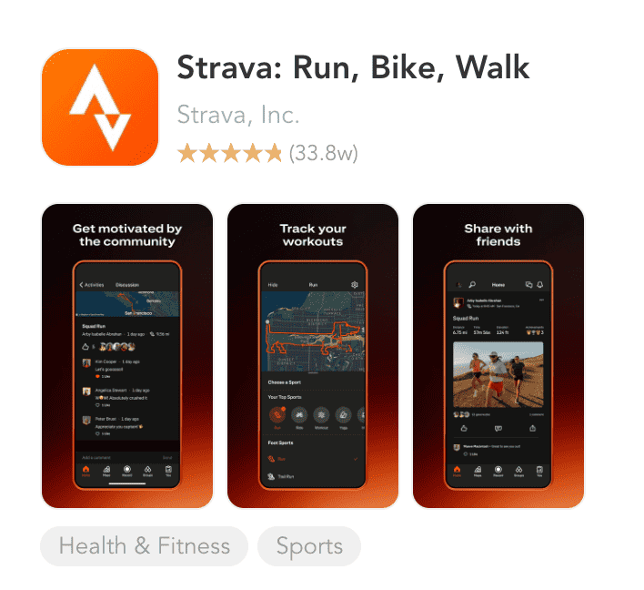 "Strava" için App Store listesi: Koş, Bisiklete Bin, Yürü" Strava, Inc. Sol üstte uygulama simgesi görülüyor - turuncu yuvarlak bir kare üzerinde beyaz stilize bir "S"/rota işareti