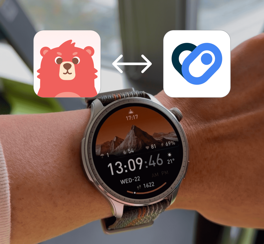 Akıllı saat takan bir bileğin üzerindeki Android Health Connect simgesiyle bağlantılı Fito uygulaması simgesi, uygulama ile Health Connect arasında veri senkronizasyonunu gösterir.