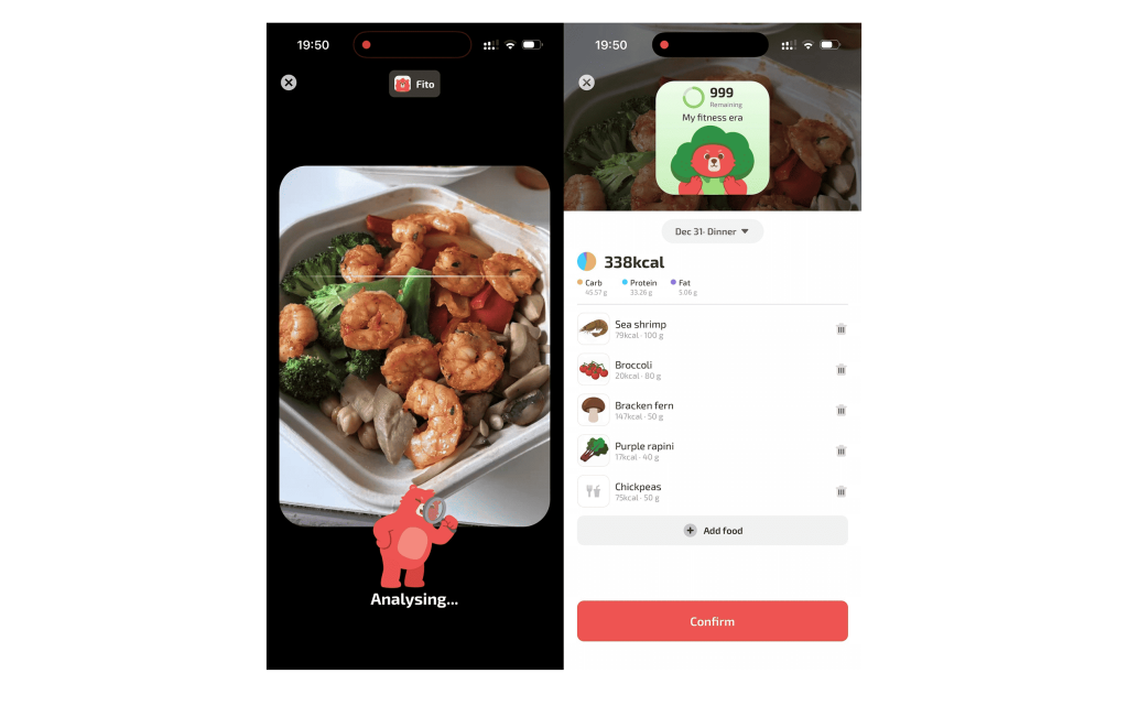 Fito calorie tracking app using AI camera to analyze a meal of shrimp and vegetables, displaying detailed nutritional information including calories and macronutrients.