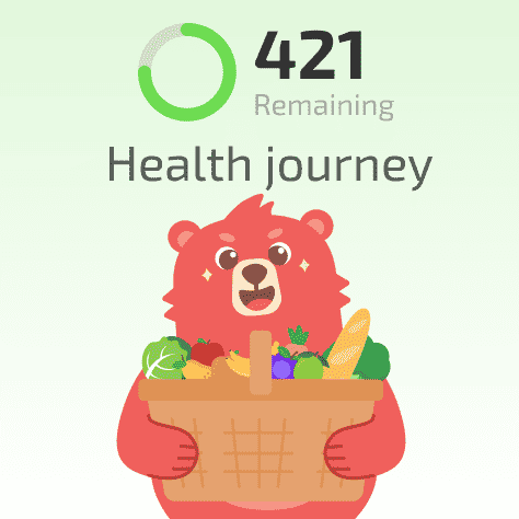 Health app dashboard showing calories remaining with a cheerful bear holding a basket of healthy food, symbolizing a positive health journey.