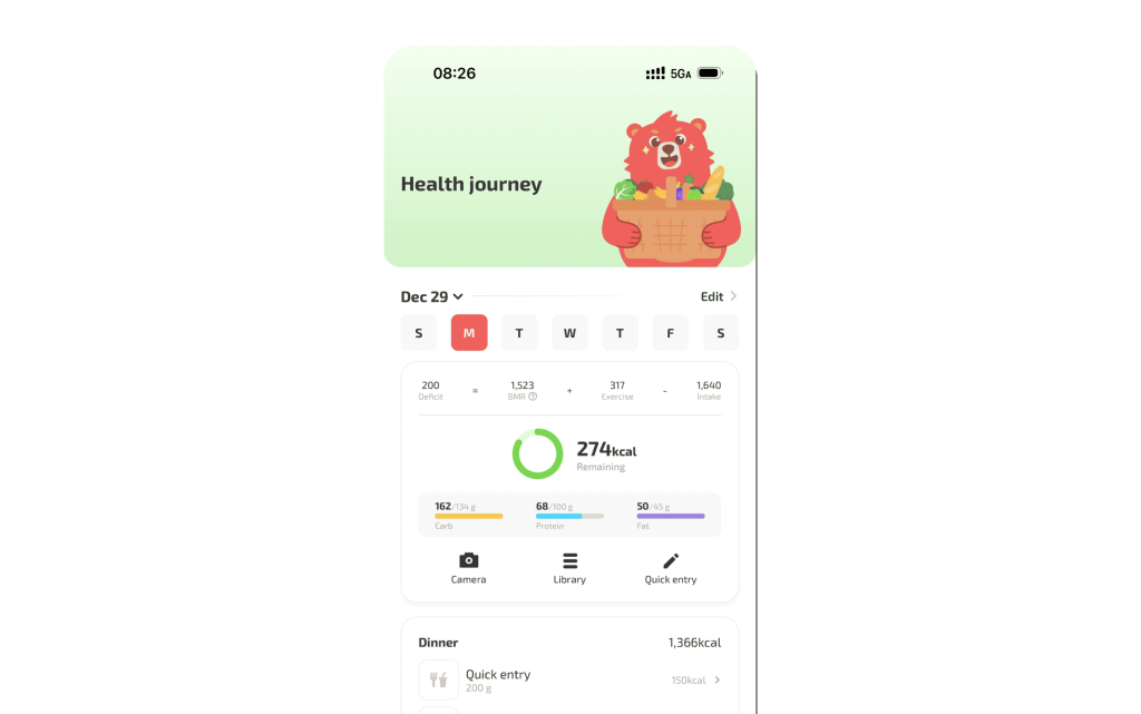 Calories Calculator App dashboard displaying daily calorie tracking, showing 274 kcal remaining, macronutrient breakdown for carbs, protein, and fat, and options for food logging via camera, library, or quick entry, with a red bear illustration.