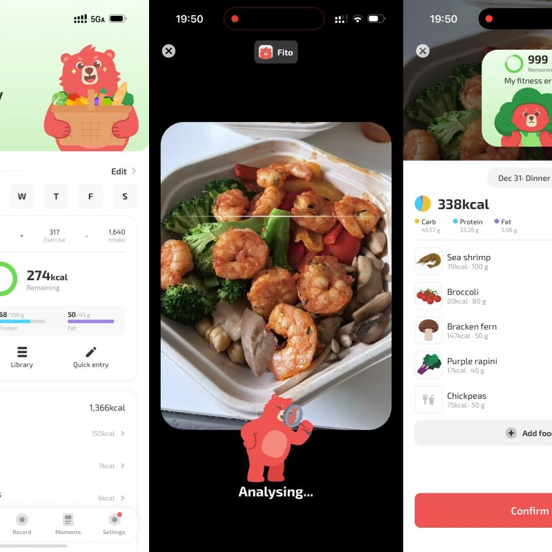 Screenshots of the Fito calorie tracker and diet management mobile app, showcasing AI food recognition, daily nutritional goals, and meal logging.