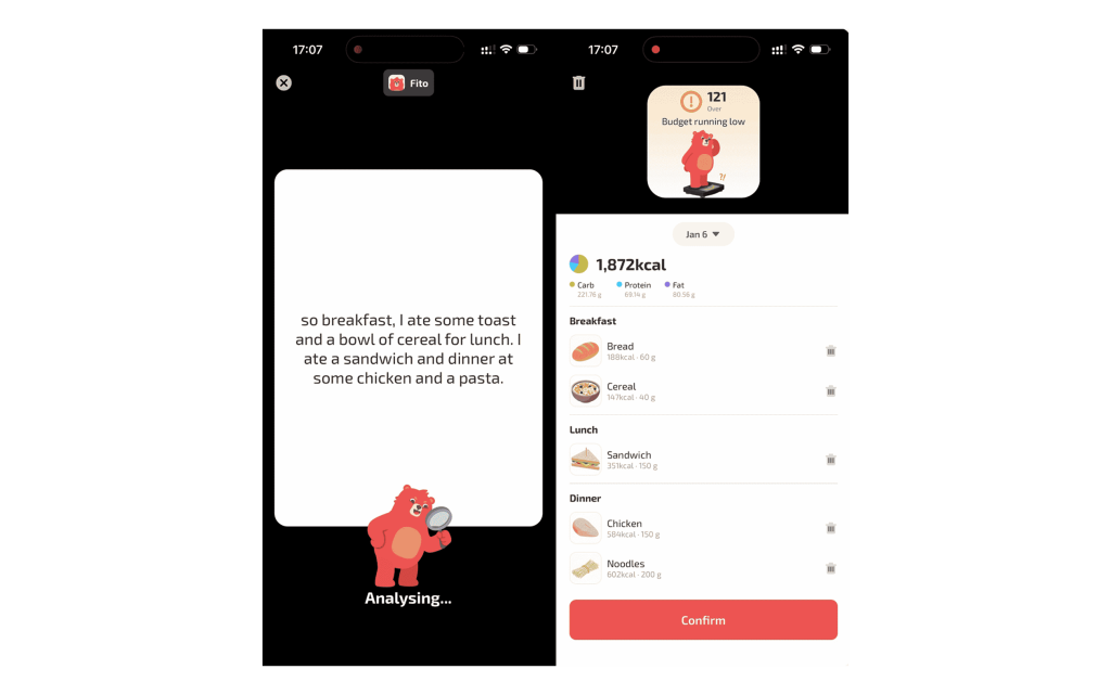 Fito calorie tracking app showing AI analysis of text-inputted meals, displaying total calories, macronutrients, and a budget warning for the day.