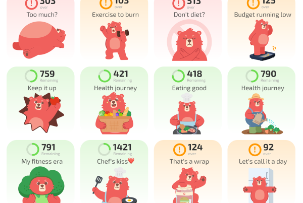 A grid of 12 motivational and status widgets from a weight loss app, featuring a red bear mascot.