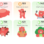 Six colorful widgets from a calorie tracking app, showing a red cartoon bear illustrating daily calorie intake status, including "over" and "remaining" counts for diet and fitness management.