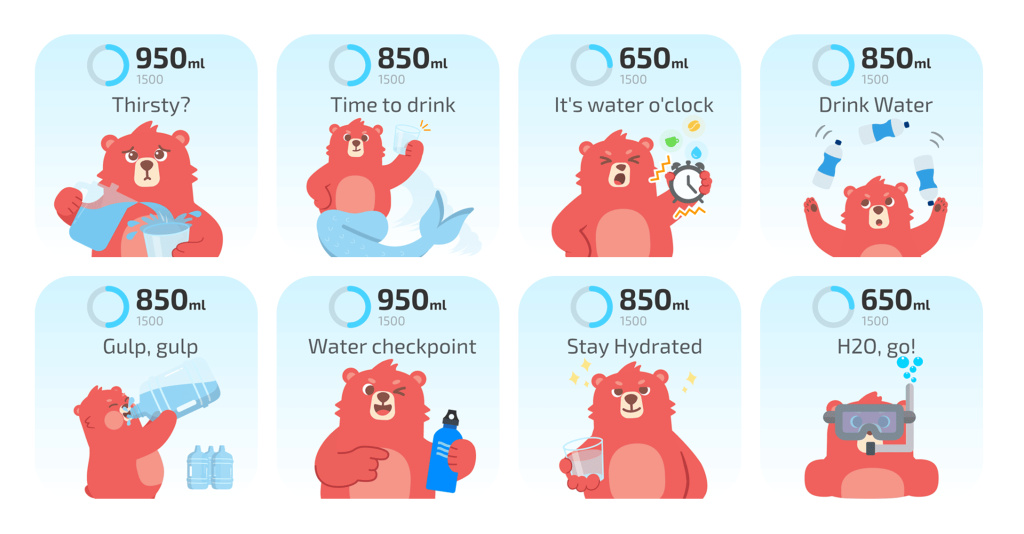 A collection of 8 gamified best hydration app widgets featuring a cute red bear character in various poses with water bottles and glasses, displaying motivational slogans like "Stay Hydrated" and "Water Checkpoint" with progress rings.