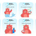 A collection of 8 gamified best hydration app widgets featuring a cute red bear character in various poses with water bottles and glasses, displaying motivational slogans like "Stay Hydrated" and "Water Checkpoint" with progress rings.