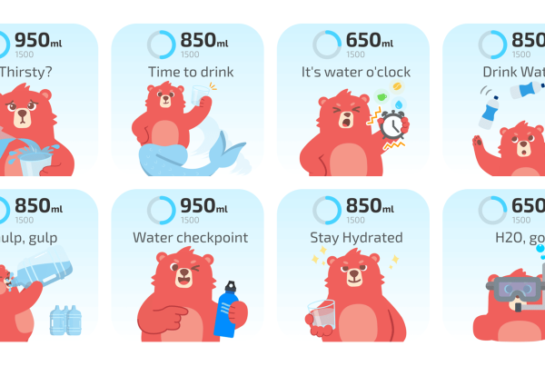 A collection of 8 gamified best hydration app widgets featuring a cute red bear character in various poses with water bottles and glasses, displaying motivational slogans like "Stay Hydrated" and "Water Checkpoint" with progress rings.