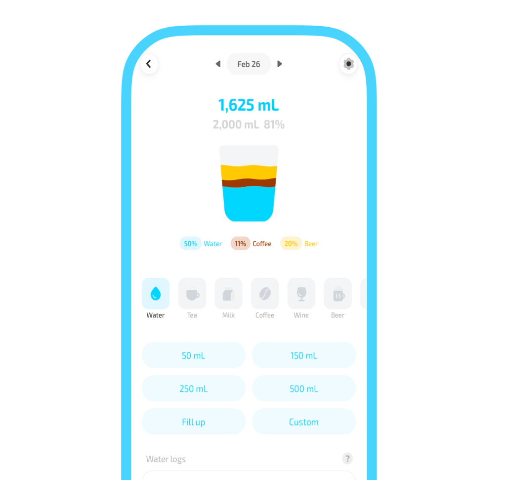User interface of the best water tracker app showing daily fluid intake progress, featuring a visual glass icon with layers of water, coffee, and beer, and quick-add buttons for different beverage volumes.
