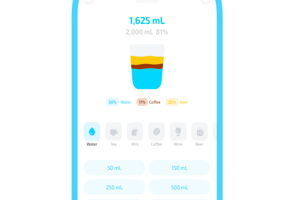 User interface of the best water tracker app showing daily fluid intake progress, featuring a visual glass icon with layers of water, coffee, and beer, and quick-add buttons for different beverage volumes.
