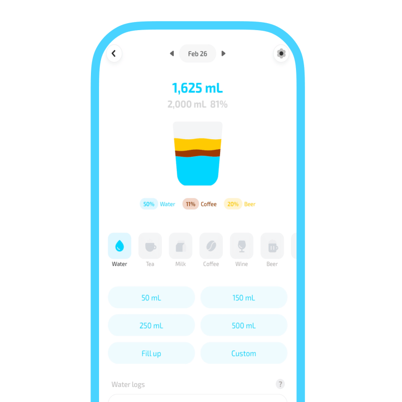 User interface of the best water tracker app showing daily fluid intake progress, featuring a visual glass icon with layers of water, coffee, and beer, and quick-add buttons for different beverage volumes.