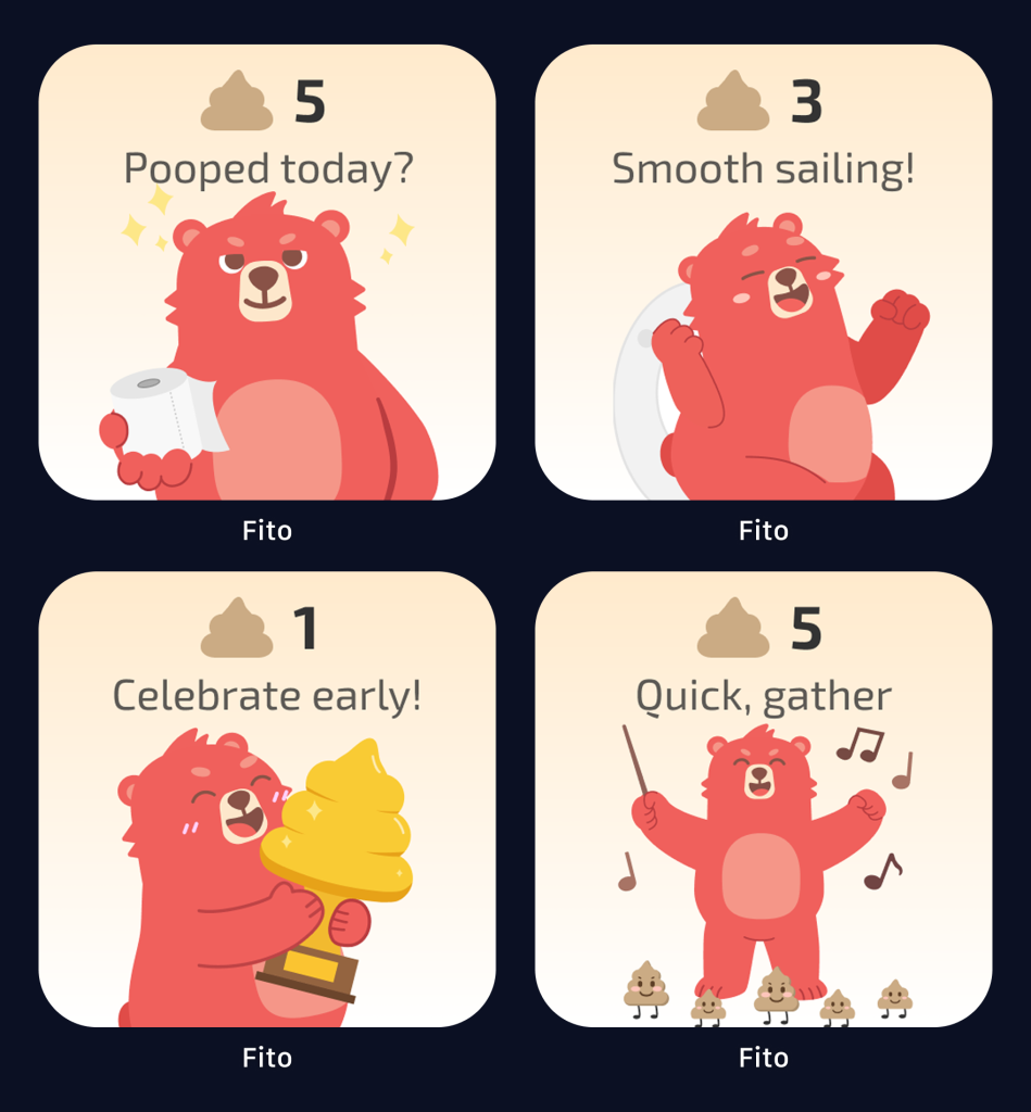 四款色彩缤纷的 Fito 应用程序主屏幕小部件，以可爱的红熊吉祥物和幽默的标语为特色，用于跟踪每日排便情况。