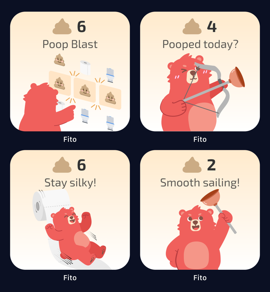 四款色彩缤纷的 Fito 应用程序主屏幕小部件，以可爱的红熊吉祥物和幽默的标语为特色，用于跟踪每日便便情况。