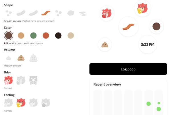 Fito 应用程序的便便追踪器显示了详细的记录界面和消化健康汇总仪表板。
