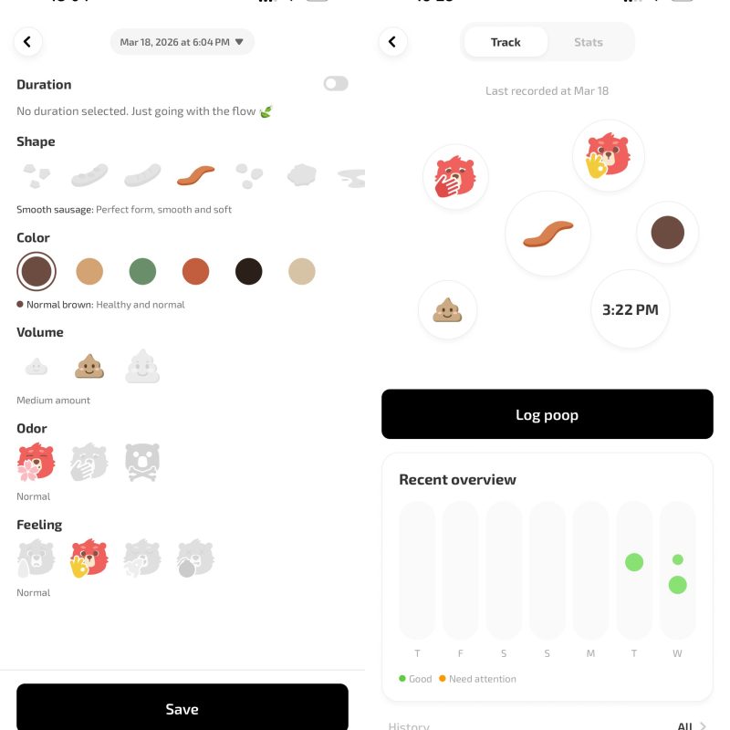 Fito app's poopie tracker showing the detailed logging interface and the digestive health summary dashboard.