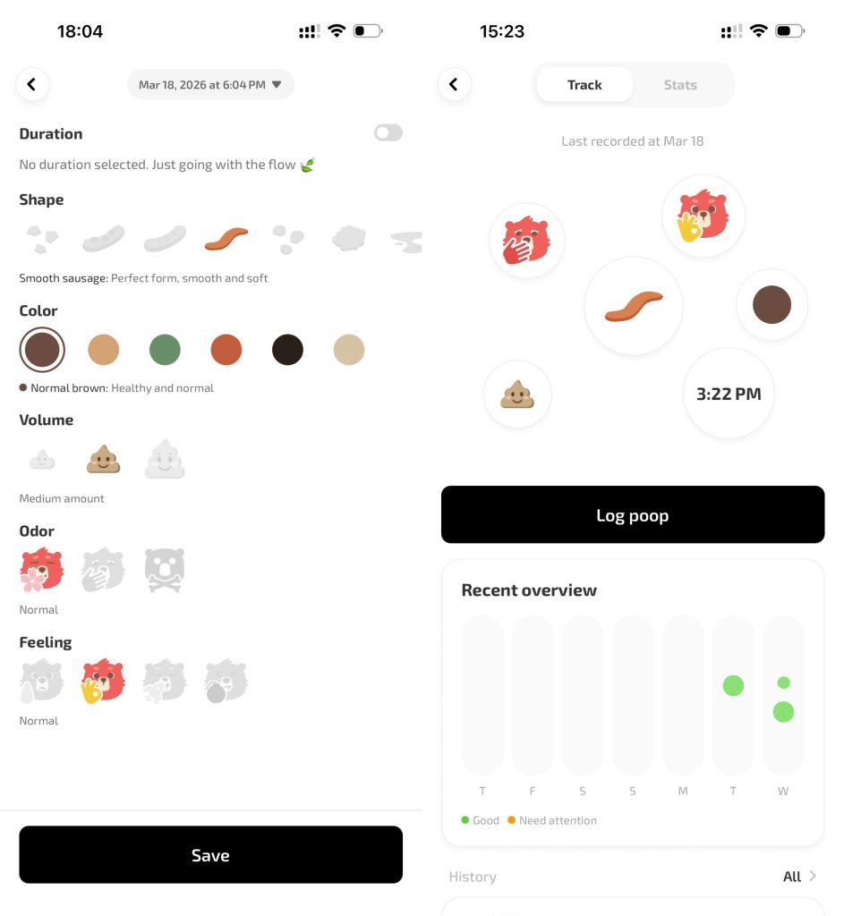 Fito 应用程序的便便追踪器显示了详细的记录界面和消化健康汇总仪表板。