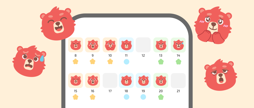 Visualização do calendário mensal do humor numa aplicação de bem-estar que mostra o histórico emocional diário com ícones da mascote urso vermelho e indicadores de humor codificados por cores para acompanhamento do progresso.