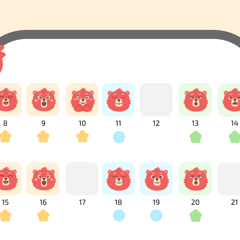 Vista mensual del calendario del estado de ánimo en una aplicación de bienestar que muestra el historial emocional diario con iconos de la mascota del oso rojo e indicadores del estado de ánimo codificados por colores para el seguimiento del progreso.