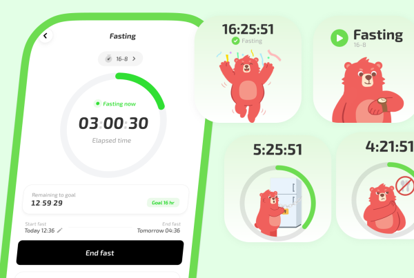 Интерфейс мобильного приложения для прерывистого голодания и виджеты для голодания на главном экране с изображением симпатичного рыжего медвежонка, таймером голодания 16-8, отслеживанием прогресса и мотивационными состояниями персонажей.