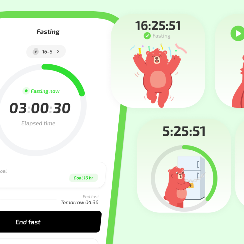 Interfaz de la aplicación móvil de ayuno intermitente y widgets de ayuno para la pantalla de inicio con la mascota de un simpático oso rojo, que muestra un temporizador de ayuno 16-8, seguimiento del progreso y estados motivadores de los personajes.