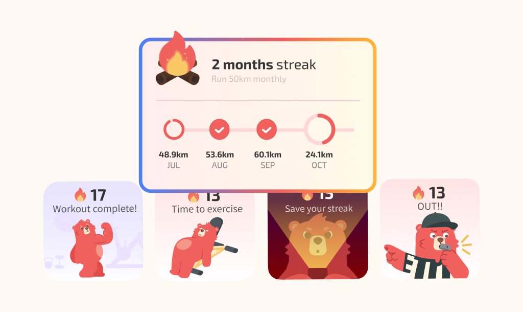 Fitness gamification UI showing a 2-month running streak card and calories burn, exercise reminders, and streak saves.