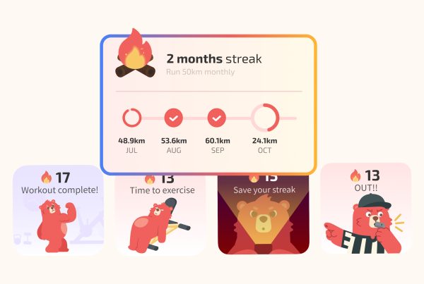 Fitness gamification UI showing a 2-month running streak card and calories burn, exercise reminders, and streak saves.