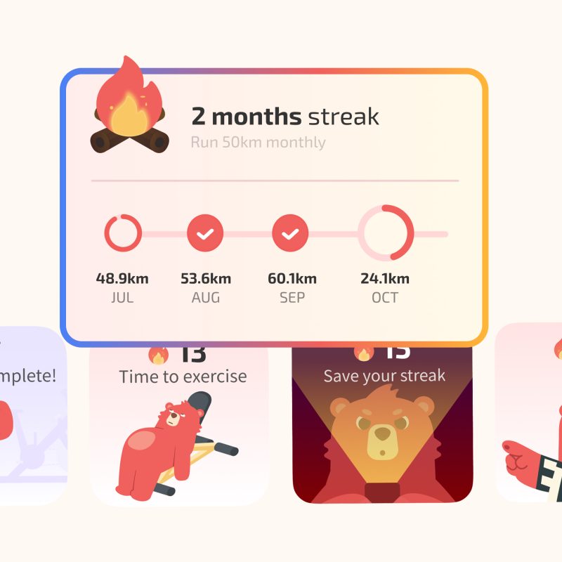Fitness gamification UI showing a 2-month running streak card and calories burn, exercise reminders, and streak saves.