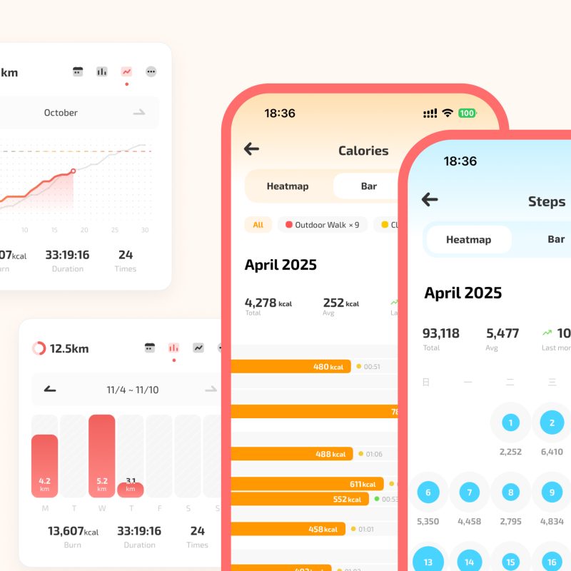Fito fitness app data visualization dashboard showing detailed step counts, calorie burn reports, and activity heatmaps with monthly steps burn progress analytics.