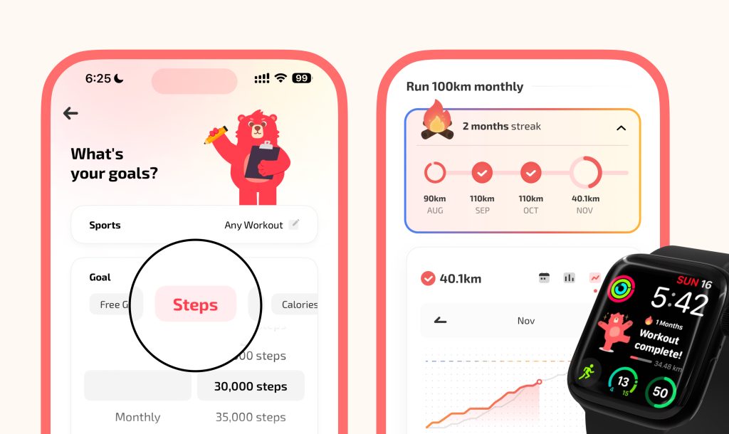 Fito fitness tracker app interface showing steps calories goal setting, monthly running challenges with a 2-month streak, and Apple Watch workout integration featuring a red bear mascot.