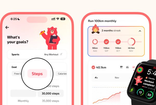 Fito fitness tracker app interface showing steps calories goal setting, monthly running challenges with a 2-month streak, and Apple Watch workout integration featuring a red bear mascot.
