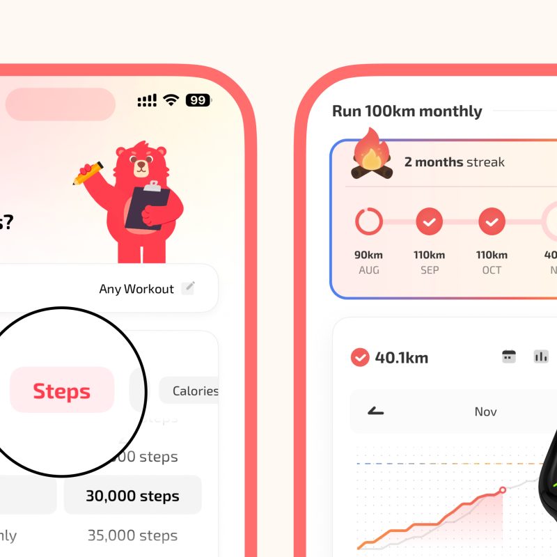 Fito fitness tracker app interface showing steps calories goal setting, monthly running challenges with a 2-month streak, and Apple Watch workout integration featuring a red bear mascot.