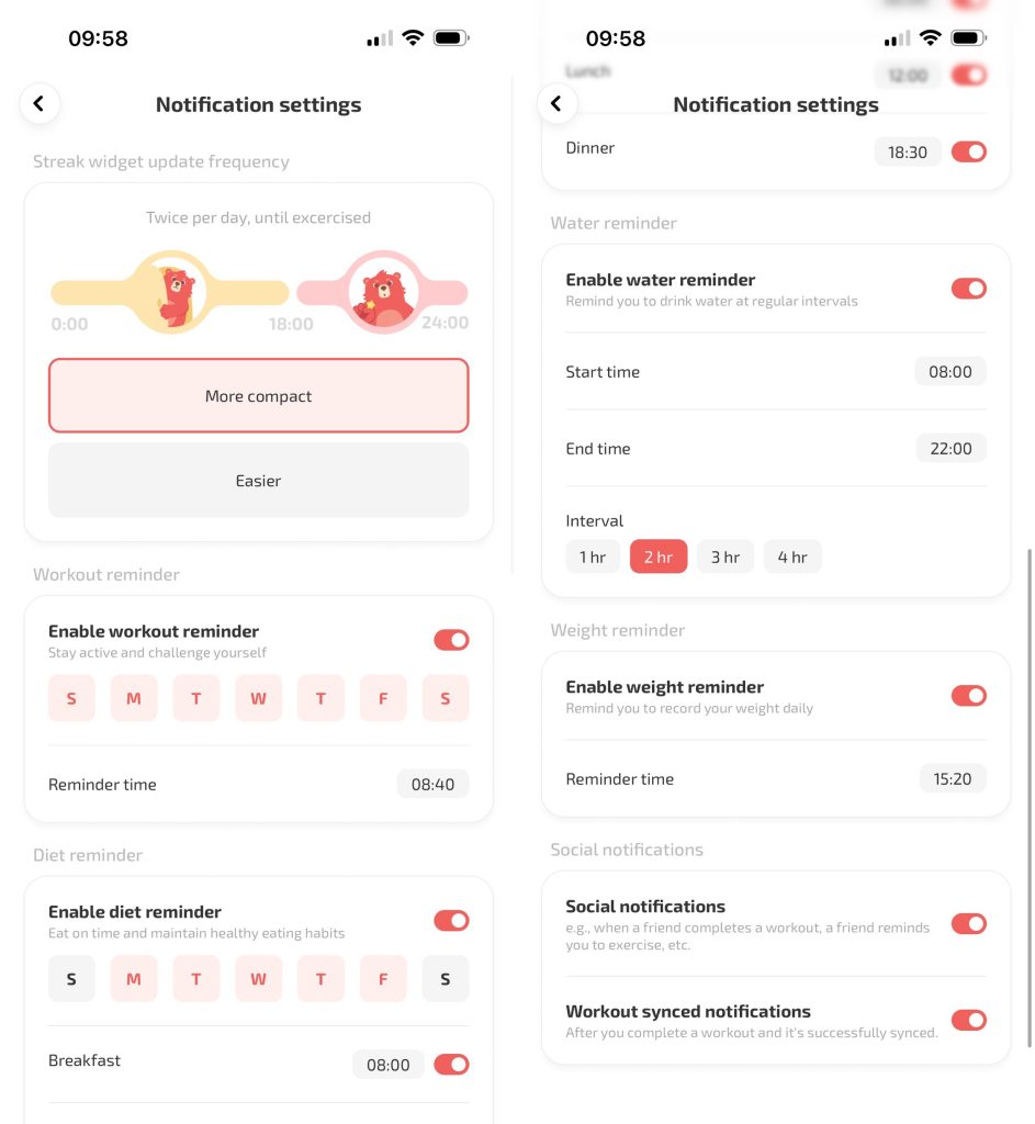 用于通知设置的移动应用程序界面，具有可定制的运动、饮食、饮水量和体重跟踪提醒功能，并配有可爱的红熊吉祥物。