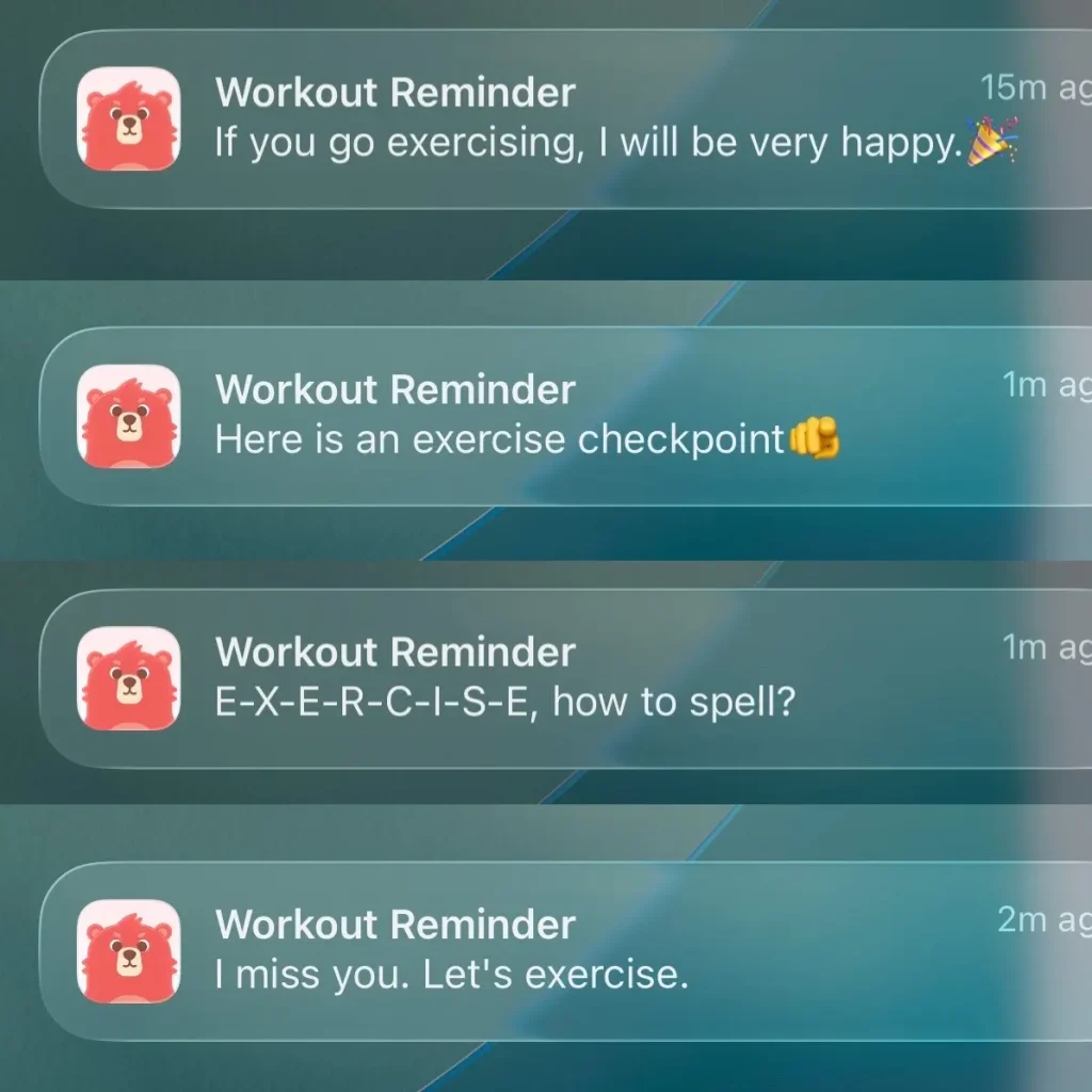 在智能手机屏幕上显示一叠四条有趣的运动提醒推送通知，其中有一个可爱的红色小熊吉祥物图标，以及鼓励运动的诙谐信息。