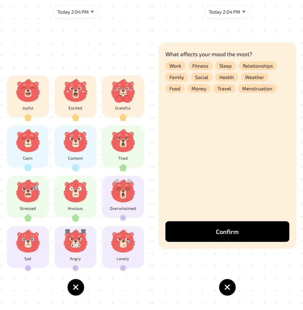 Interface da aplicação de registo do estado de espírito com uma bonita mascote urso vermelho com diversas expressões emocionais, tais como alegre, stressado e calmo, incluindo um ecrã de seleção de influenciadores do estado de espírito para registo no diário de saúde mental.