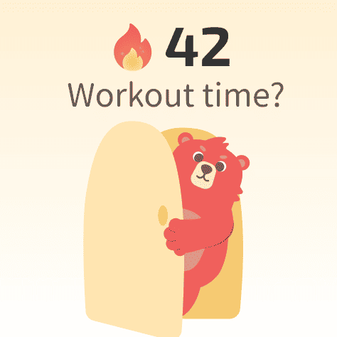 Fitness Widget illustration: a red bear peeking from behind a door under the text "Workout time?" with a flame icon and the streak 42 days above.