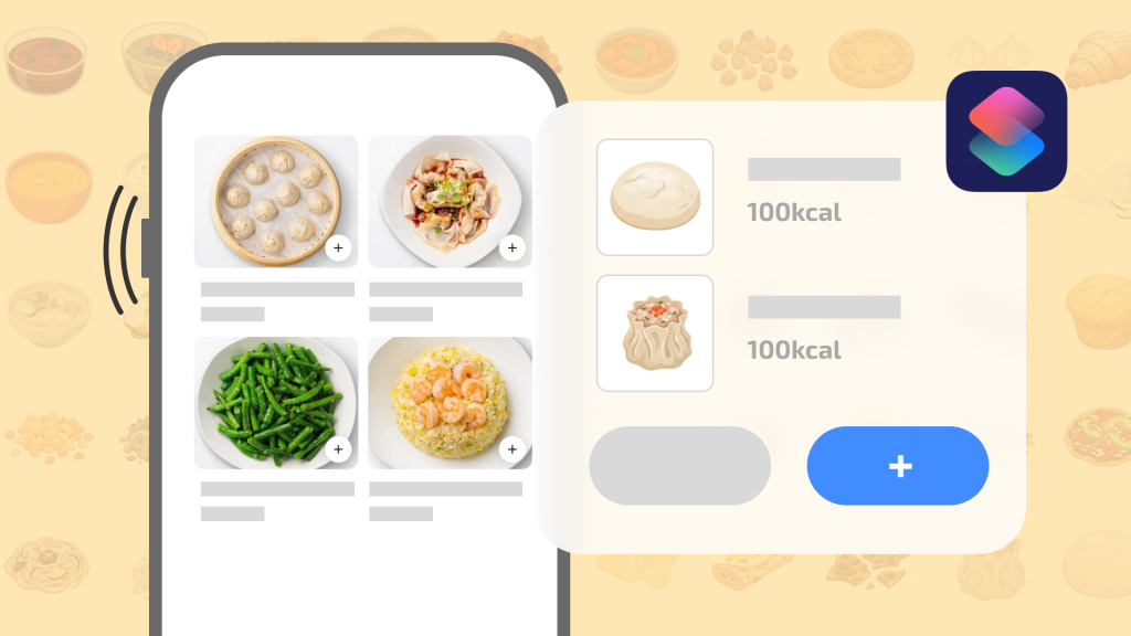 iOS shortcut interface showing automated food calorie identification using image recognition to quickly log meals from camera or delivery apps.