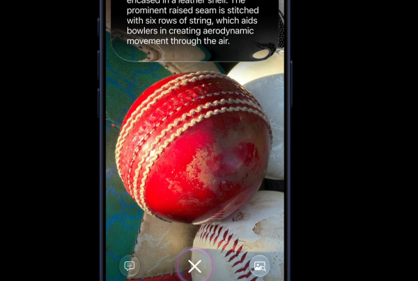 An iPhone screen displaying the iOS 27 Camera app in Siri mode, focused on a red cricket ball. An augmented reality text overlay at the top provides a detailed explanation of a cricket ball's materials and construction.