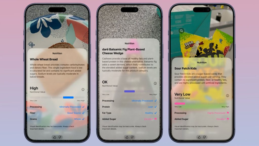 Three side-by-side iPhone screens demonstrating the iOS 27 Siri visual search feature in the Camera app, displaying augmented reality nutritional information cards for whole wheat bread, plant-based cheese, and Sour Patch Kids.