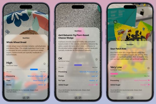 Three side-by-side iPhone screens demonstrating the iOS 27 Siri visual search feature in the Camera app, displaying augmented reality nutritional information cards for whole wheat bread, plant-based cheese, and Sour Patch Kids.