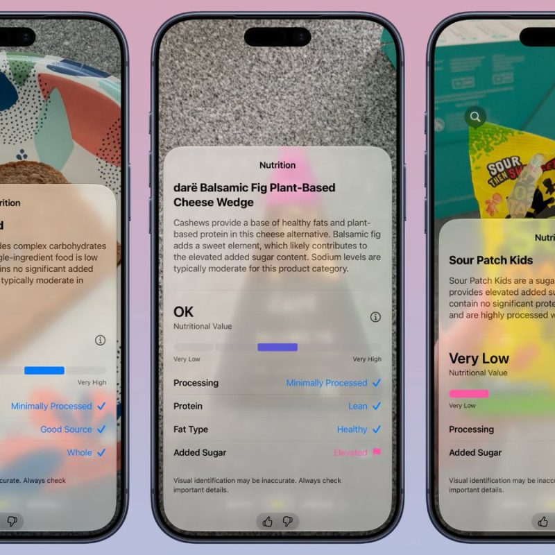 Three side-by-side iPhone screens demonstrating the iOS 27 Siri visual search feature in the Camera app, displaying augmented reality nutritional information cards for whole wheat bread, plant-based cheese, and Sour Patch Kids.