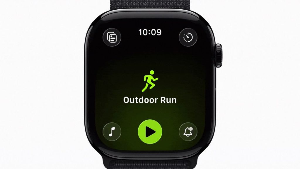 An Apple Watch screen displaying the "Outdoor Run" start page within the watchOS 27 Workout app, featuring a neon green runner silhouette and a central play button.